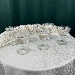 Vintage Set of 6 Gold and White Glass Champagne Coupes with Rose Pattern